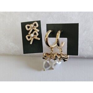 2 Pairs of New Stud & Dangle Earrings Nickel Free Gold Tone - Bows & Hearts